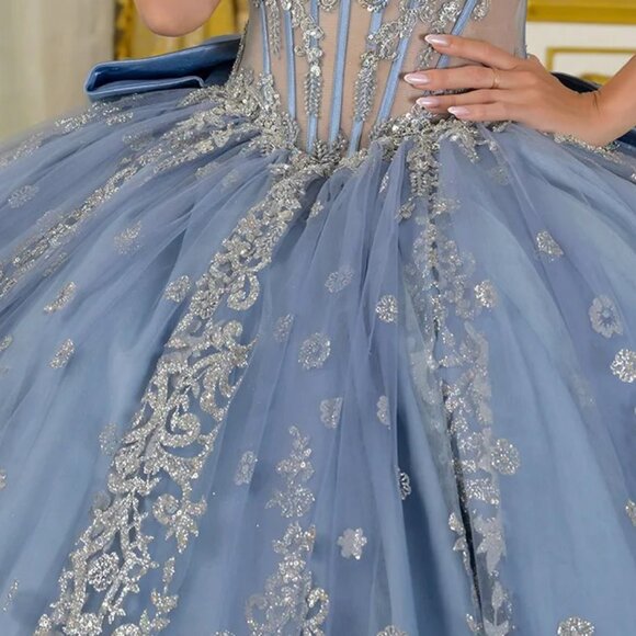 New Dusty Blue Off The Shoulder Satin Ball Gown w/ Sheer Boned Bodice GL3795 - Picture 7 of 15